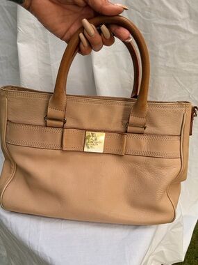 kate spade tan leather satchel with gold-tone logo plaque